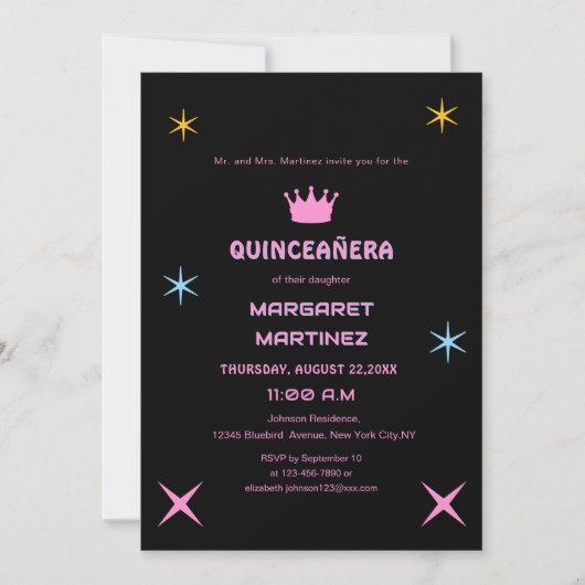 Zwarte en roze kleurrijke typografie Quinceañera Kaart (Voorkant)