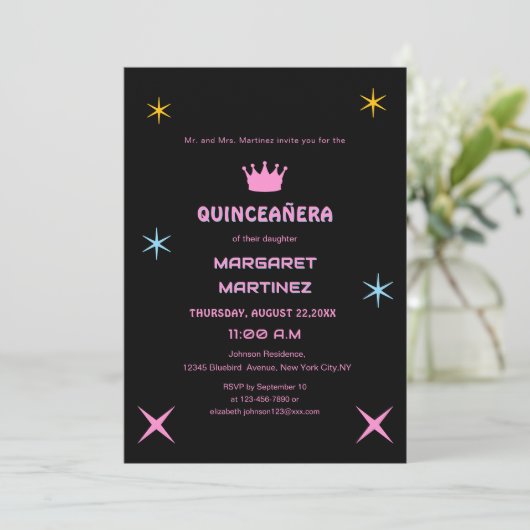 Zwarte en roze kleurrijke typografie Quinceañera Kaart (Staand voorkant)