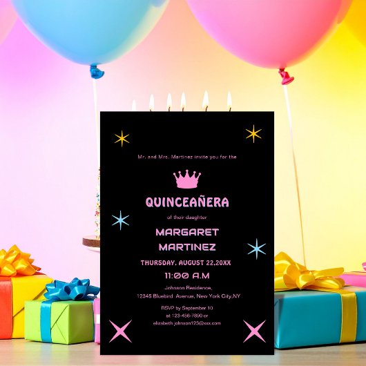 Zwarte en roze kleurrijke typografie Quinceañera Kaart