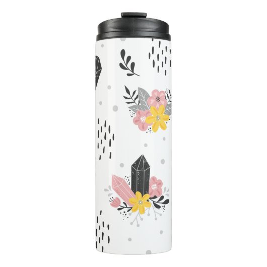 Zwarte en roze kristallen met bloemen en abstract thermosbeker (Voorkant)