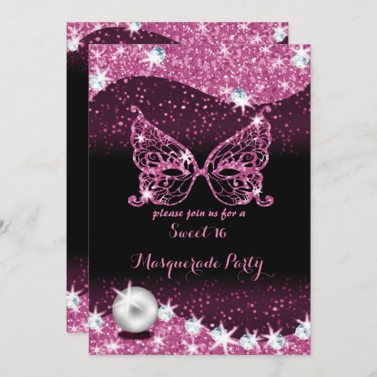zwarte en roze maskerade zoete 16 met parels kaart (Voorkant / Achterkant)