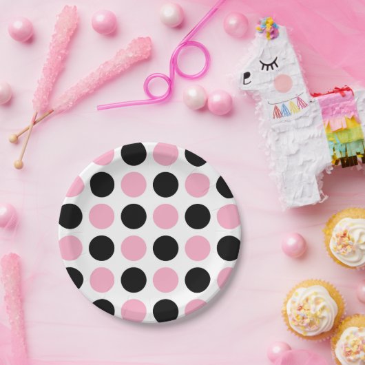 Zwarte en Roze pokadots Papieren Bordje (Feest)