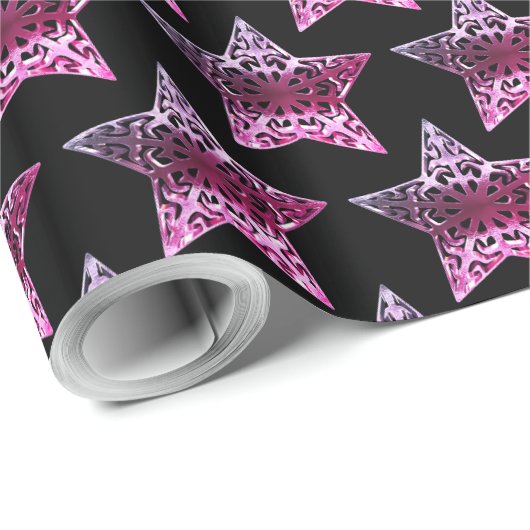Zwarte en roze rode sterren Pattern kerst Elegant Cadeaupapier (Rol Hoek)
