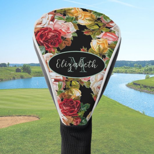 Zwarte en Roze Rozen Bloemen Aangepaste Naam Monog Golfheadcover