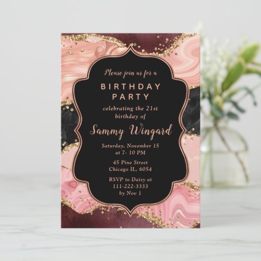 Zwarte en Roze sequins Agate Birthday Kaart (Staand voorkant)