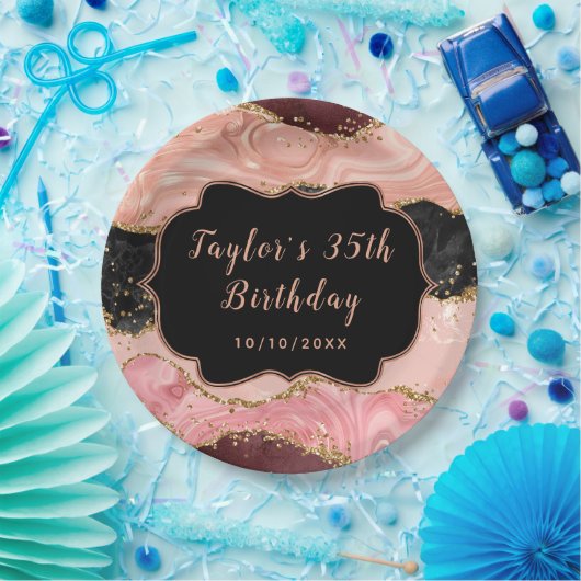 Zwarte en Roze sequins Agate Birthday Papieren Bordje (Feest)