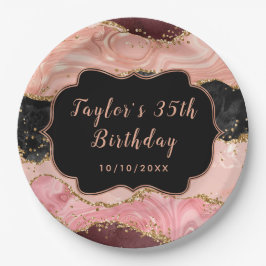 Zwarte en Roze sequins Agate Birthday Papieren Bordje
