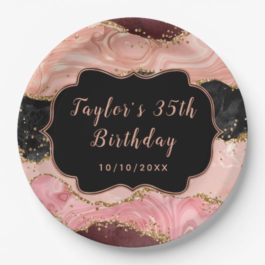 Zwarte en Roze sequins Agate Birthday Papieren Bordje (Voorkant)