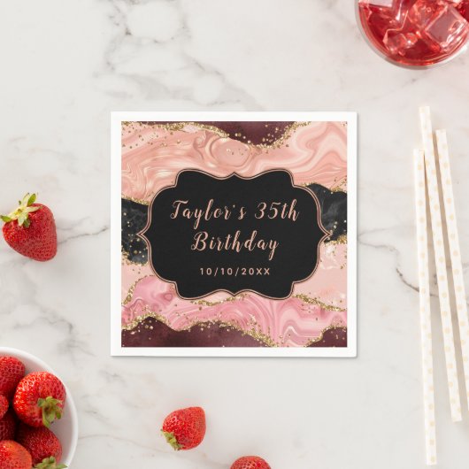 Zwarte en Roze sequins Agate Birthday Servet (Insitu)