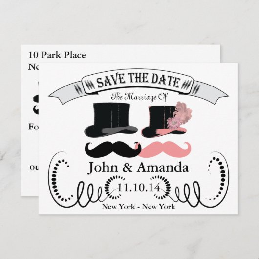  zwarte en roze snor aankondigingskaart (Voorkant / Achterkant)