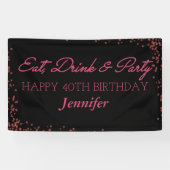 Zwarte en Roze Sparkle Adult Happy Birthday Spandoek (Horizontaal)