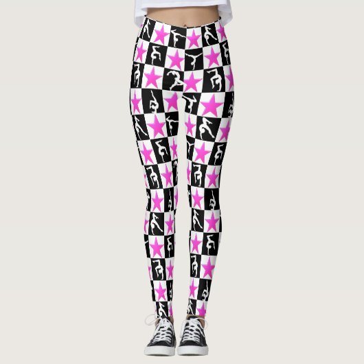 ZWARTE EN ROZE SUPER STAR GYMNASTIEK LEGGINGS (Voorkant)