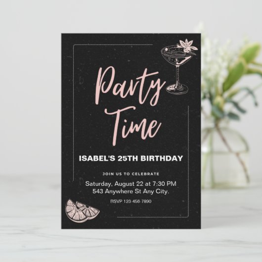 Zwarte en roze verjaardagsfeestje uitnodiging (Staand voorkant)