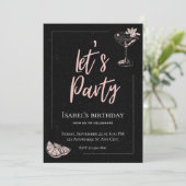 Zwarte en roze verjaardagsuitnodiging kaart (Staand voorkant)