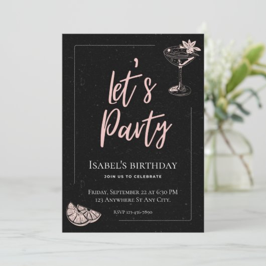 Zwarte en roze verjaardagsuitnodiging kaart (Staand voorkant)