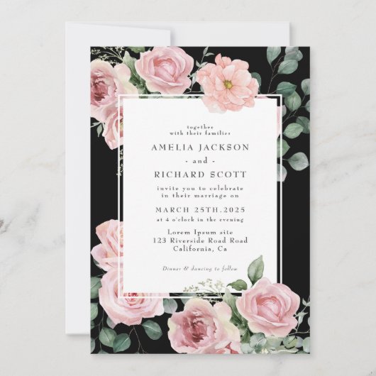 Zwarte en roze waterverf bloemenbruiloft kaart (Voorkant)