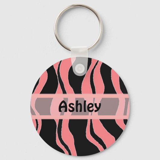 Zwarte en roze zebra gestreepte gepersonaliseerde sleutelhanger (Voorkant)