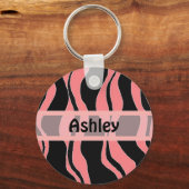 Zwarte en roze zebra gestreepte gepersonaliseerde sleutelhanger (Voorkant)