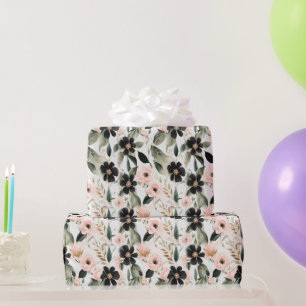 Zwarte en schelp roze bloemen cadeaupapier