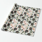Zwarte en schelp roze bloemen cadeaupapier (Uitgerold)