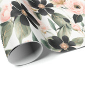 Zwarte en schelp roze bloemen cadeaupapier (Rol Hoek)