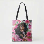 Zwarte en tan Cavalier-canvas tas | Roze bloem (Voorkant)