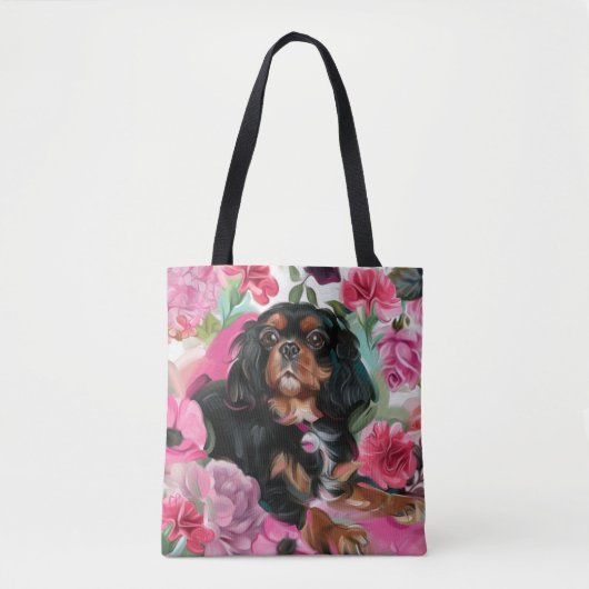 Zwarte en tan Cavalier-canvas tas | Roze bloem (Voorkant)