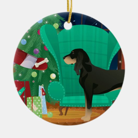 Zwarte en Tan Coonhound-kerstkerstkerstcadeau Keramisch Ornament (Voorkant)