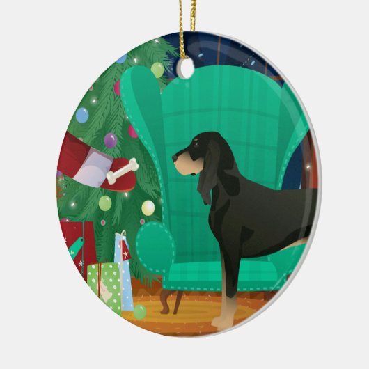 Zwarte en Tan Coonhound-kerstkerstkerstcadeau Keramisch Ornament (Links)