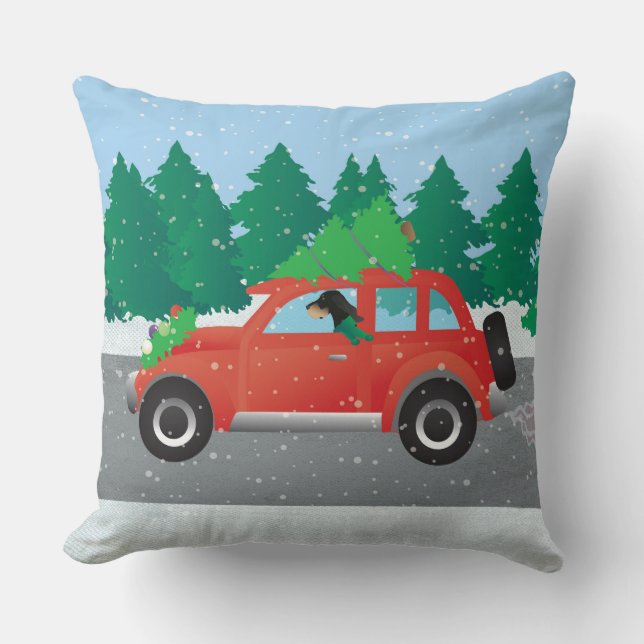 Zwarte en Tan Coonhound-rijdende kerstauto Kussen (Voorkant)