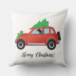 Zwarte en Tan Coonhound-rijdende kerstauto Kussen