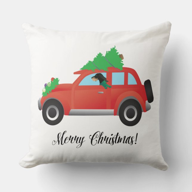 Zwarte en Tan Coonhound-rijdende kerstauto Kussen (Voorkant)