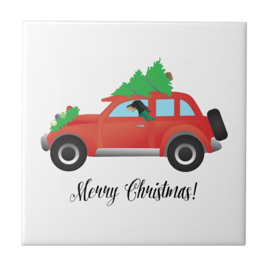 Zwarte en Tan Coonhound-rijdende kerstauto Tegeltje (Voorkant)