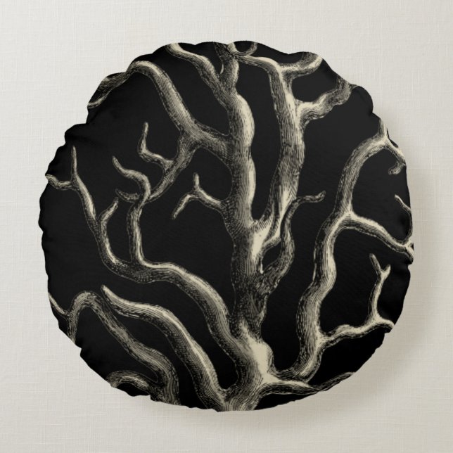 Zwarte en Tan Coral Rond Kussen (Voorkant)