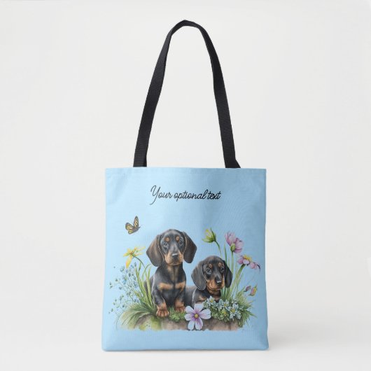 ZWARTE EN TAN DACHSHUND PUPPIES CANVAS TAS (Voorkant)