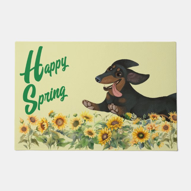 ZWARTE EN TAN DACHSHUND SUNFLOWERS DOORMAT DEURMAT (Voorkant)