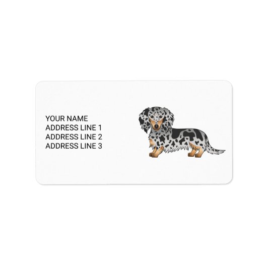 Zwarte en Tan Dapple Long Hair Dachshund & Text Etiket (Voorkant)