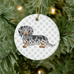 Zwarte en Tan Dapple Long Hair Dachshund & Text Keramisch Ornament