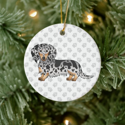 Zwarte en Tan Dapple Long Hair Dachshund & Text Keramisch Ornament (Boom)