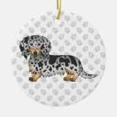 Zwarte en Tan Dapple Long Hair Dachshund & Text Keramisch Ornament (Voorkant)