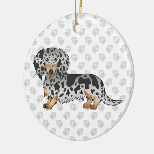 Zwarte en Tan Dapple Long Hair Dachshund & Text Keramisch Ornament (Links)