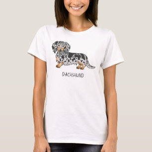 Zwarte en Tan Dapple Long Hair Dachshund & Text T-shirt