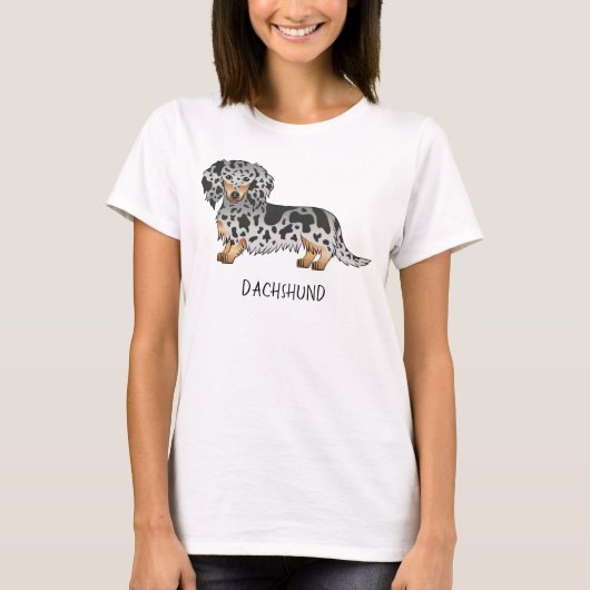 Zwarte en Tan Dapple Long Hair Dachshund & Text T-shirt (Voorkant)