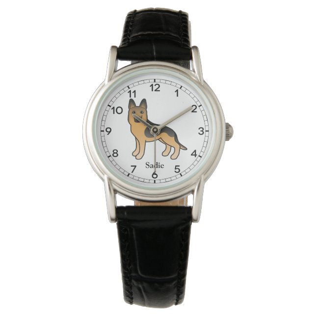 Zwarte en Tan German Shepherd & Custom Name Horloge (Voorkant)