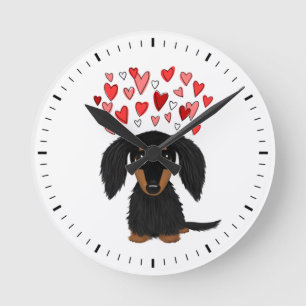 Zwarte en Tan Longhaire Dachshund met hart Ronde Klok