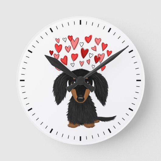 Zwarte en Tan Longhaire Dachshund met hart Ronde Klok (Voorkant)