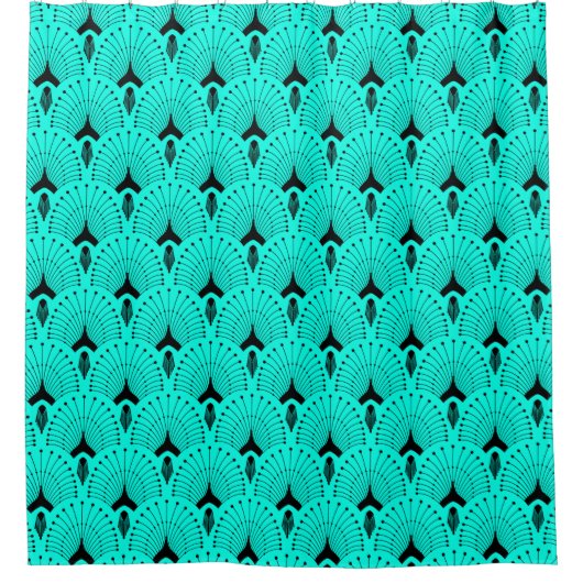 Zwarte en turquoise art deco naadloos patroon douchegordijn (Voorkant)