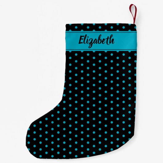 Zwarte en turquoise blauwe stippen gepersonaliseer kleine kerstsok (Achterkant)