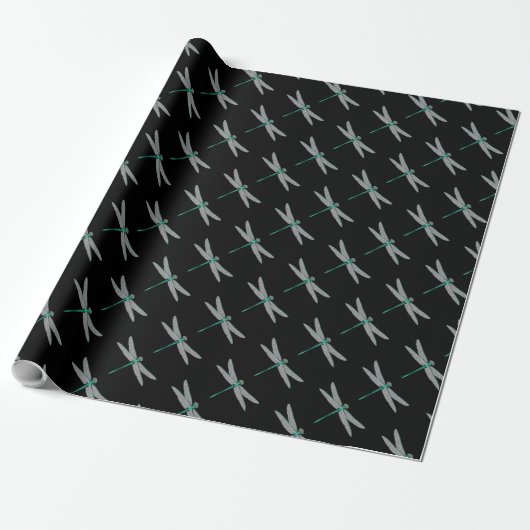 Zwarte en turquoise libel cadeaupapier (Uitgerold)