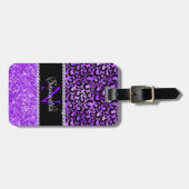 Zwarte en Violet Leopard Spots Glam Monogram Bagagelabel (Voorkant horizontaal)